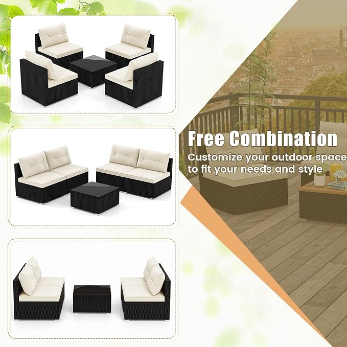 5 Pieces Patio Furniture Set, Outdoor Sectional Sofa with Tempered Glass Coffee Table & Cushions, Wicker Patio Conversation Set for Porch, Deck, Balcony, Poolside & Backyard