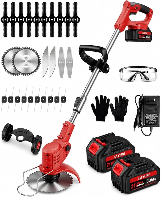 Cordless Weed Wacker with Wheels, 880W Electric Weed Eater with 2 x Batteries, 3-in-1 Battery Powered Grass Trimmer/Brush Cutter with 5 Types Saw Blades, Lightweight for Lawn & Garden