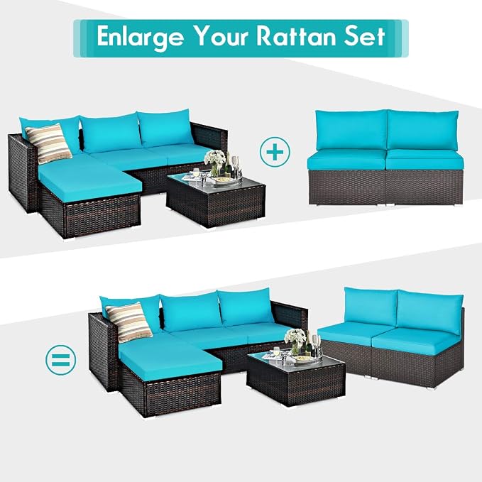 COSTWAY 2PCS PE Rattan Armless Sofa, Wicker Patio Conversation Set Chairs with Soft Cushion, Outdoor Sectional Furniture for Yard, Poolside (Turquoise)