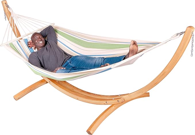 LA Siesta® Chillounge Hammock with Spreader Bar & Wood Stand, Weatherproof Outdoor Hammock with Stand for Outside Backyard, Wood, Heavy Duty Hammock and Stand - Max 265 Lbs, Grrenbay