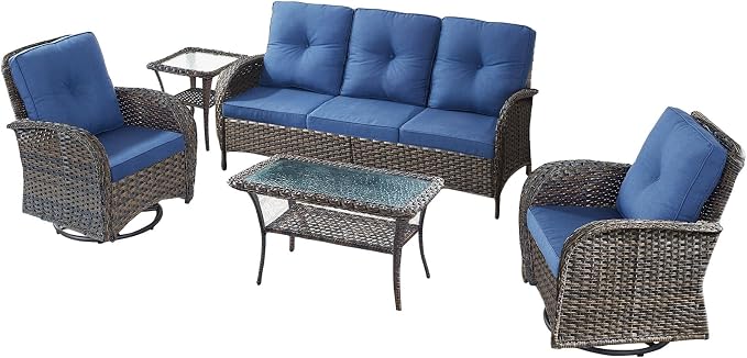 5 Pieces Wicker Patio Furniture Set-Outdoor Swivel Rocker Patio Chairs Patio Sofa Set with Tempered Glass Top Outdoor Coffee Table for Deck Lawn Porch Balcony Poolside-Brown/Blue
