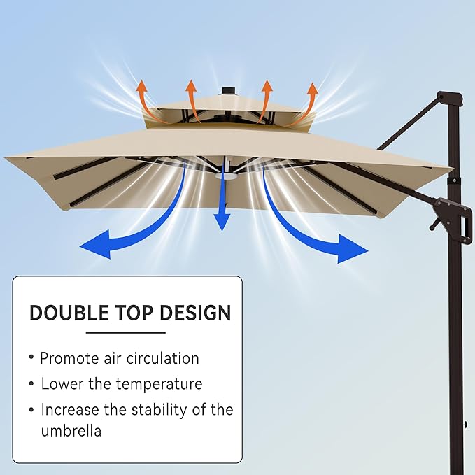 9' X 12' Cantilever Patio Umbrella with Base Included and Led Lights Double Top Rectangular Outdoor Large Offset Umbrellas with 7 Tilts Adjustable 360°Rotation for Deck Pool Garden Backyard, Beige