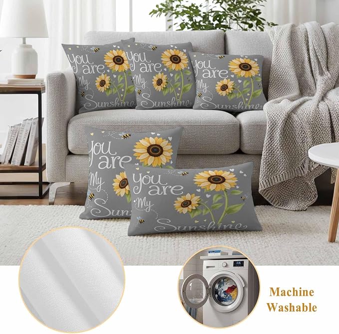 Outdoor Pillow Covers Letters You are My Sunshine Decorative Throw Pillow Covers, Pastoral Sunflowers on Gray Throw Cushion Case with Zipper for Patio,Couch,Sofa,Garden 20x12in Set of 2