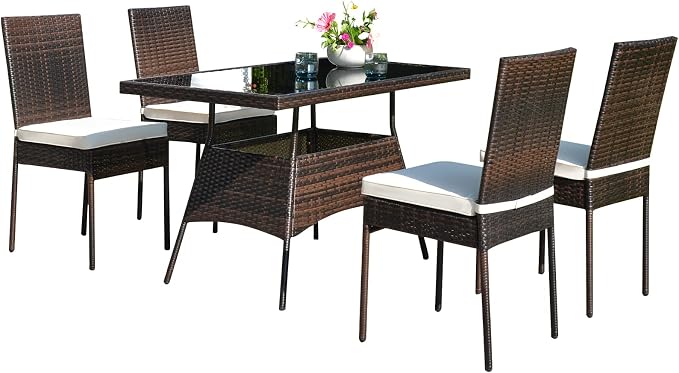 RELAX4LIFE 5-Piece Rattan Dining Set - Outdoor Wicker Table & Chair Set w/Tempered Glass Tabletop, Removable Cushions, Modern Dining Furniture Set for Backyard, Porch