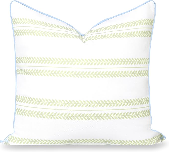 Hofdeco Premium Grandmillennial Coastal Hampton Patio Indoor Outdoor Throw Pillow Cover Only, 22"x22" Water Repellent for Backyard, Couch, Poolside, Grass Green Baby Blue Print Leaf Striped