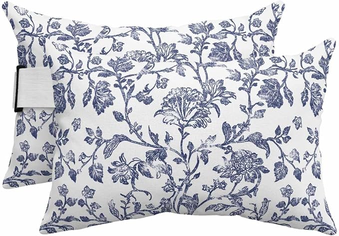 Pack of 4 Outdoor Lumbar Pillow Covers 11x16 Inch, Blue Flower Waterproof Throw Pillow Covers Set, Spring Leaf Vintage Farmhouse Boho Plant Indoor&Outdoor Cushion Cases for Patio Porch Beach