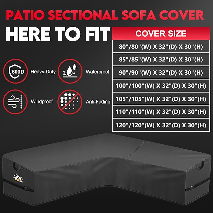 Zettum Outdoor V-Shaped Sectional Cover - 600D Patio Sectional Sofa Cover, Waterproof & Heavy Duty Patio Furniture Covers for Outdoor Sectional Sofa and Couch, 100x100 Inch Wide