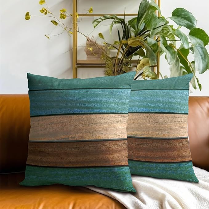 Teal Brown Wood Pillow Cover 20x20, Vintage Old Blue Board Grunge Panel Natural Lumber Plank Throw Pillowcases 2Pcs Decorative Cushion Cover for Home Couch Bed