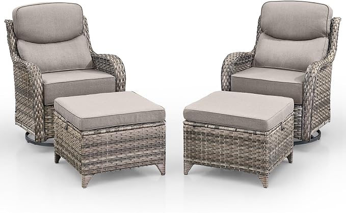 Swivel Patio Chairs Sofa Set of 5 with 6" Thick Cushion - Wicker Outdoor Swivel Rocker Patio Chair with Side Table, High Back Comfortable Outdoor Glider Chairs - Grey Wicker - Grey Cushions