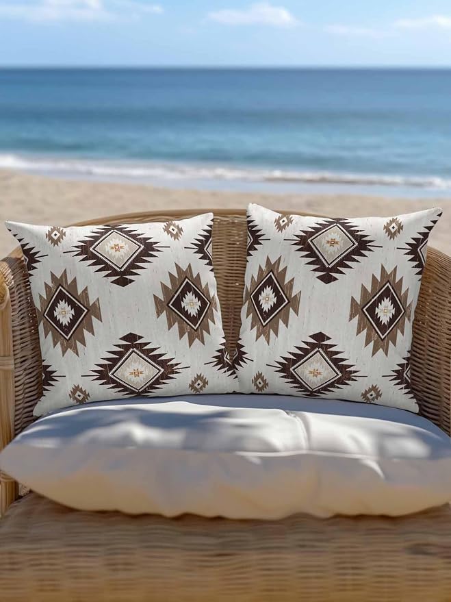 Waterproof Outdoor Pillow 1 Pack Brown Boho Aztec Decorative Throw Pillows Cover & Insert 16x16 Inch Pillowcase Southwest Tribal Style Square Pillows for Couch Sofa Bed Patio Furniture Indoor Outdoor
