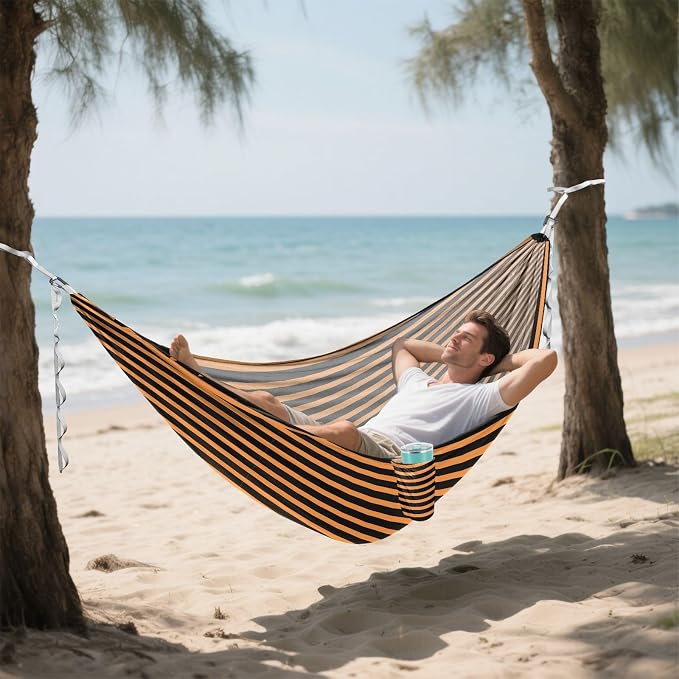 Camping Hammock Outdoor Hammocks for Outside Orange Black Stripe Beach Trees Portable Lightweight with Pockets Tree Straps Indoor