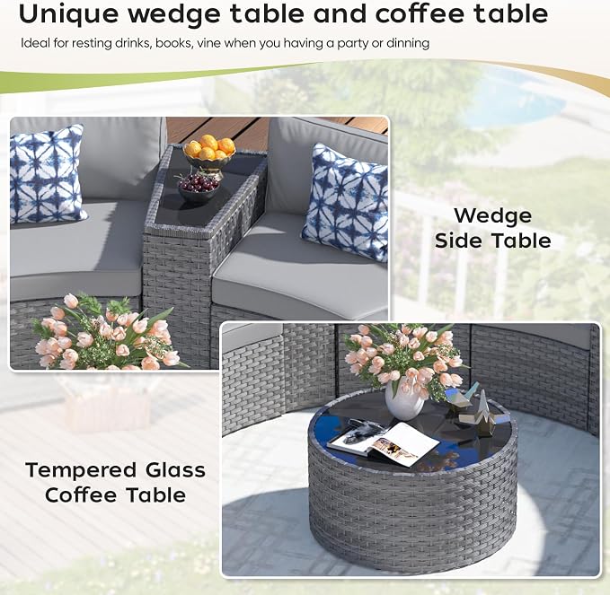 ABCASA Outdoor Patio Furniture Set with Coffee Table,7 Pieces Half-Moon Curved Outdoor Sectional Sofa and Side Table Waterproof Cover, Wicker Rattan Patio Coversation Set for Porch,Backyard(Grey)