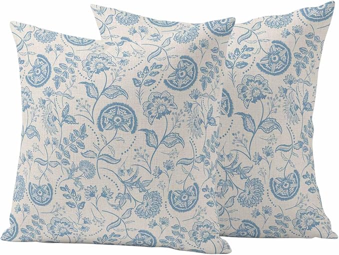 Outdoor Pillow Covers 18x18 Set of 2, Blue Spring Floral Waterproof Patio Throw Pillow Covers for Couch Sofa Chair, Farmhouse Botanical Vintage Decorative Pillowcases for Throw Pillows