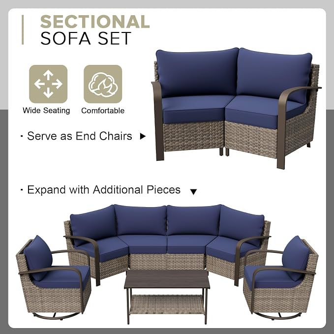 COOS BAY Aurora Terrace 4 Piece Outdoor Sectional Furniture Set, Half Moon Rattan Wicker Conversation Set with 4 Seat Sofa & Coffee Table for Patio Garden Yard, Beige/Blue