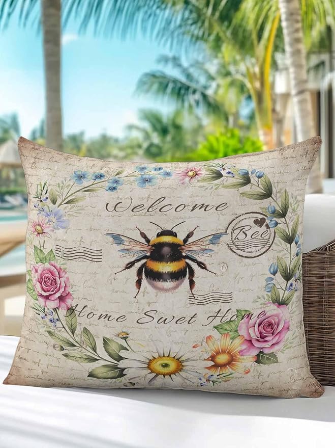 Outdoor Waterproof Throw Pillows Farmhouse Flower Leaf Wreath Patio Pillows,Decorative Pillow Covers with Insert,Pillow Cushion Case for Garden Couch Sofa Rustic Bee Retro Letter
