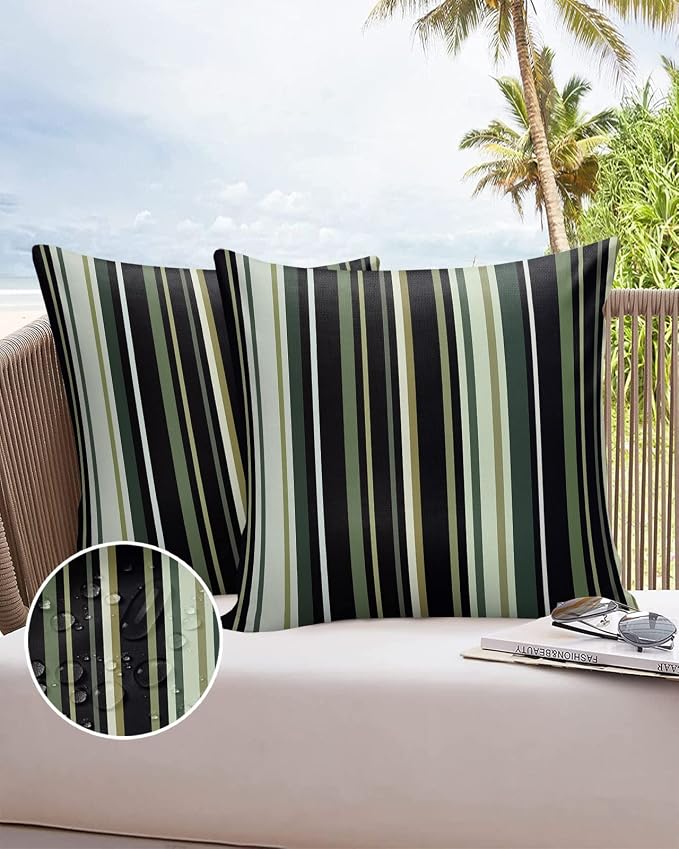 Outdoor Waterproof Pillow Covers for Patio Simple Stripe Decorative Throw Pillow Cover Black And Green Geometric Pattern Pillowcases Set of 2 Cushion Case for Sofa Couch Chair Home Decor 20x20 inch