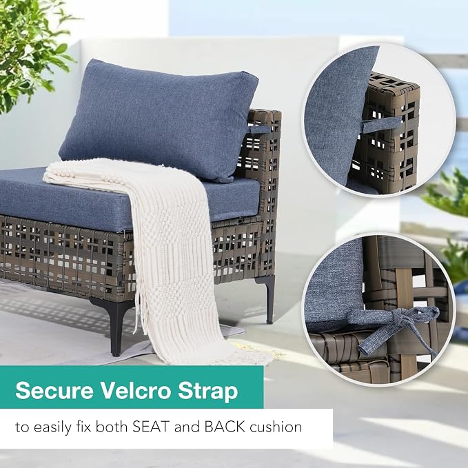 Patiorama 7 Piece Wicker Patio Furniture Set, Metal-Colored PE Rattan Outdoor Sofa Set Patio Sectional with Water Resistant Cushion and Coffee Table, Outdoor Couch, Porch, Backyard-Denim Blue
