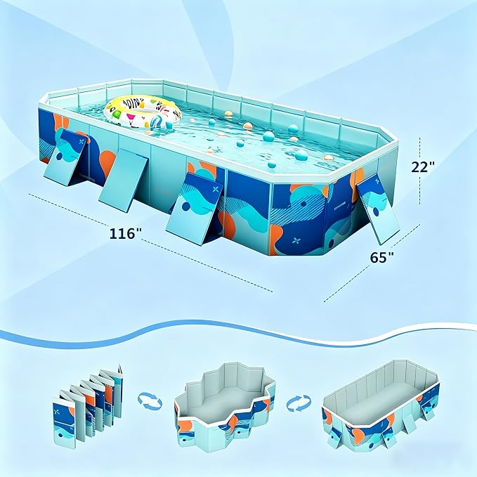 Foldable Swimming Pool, Rectangular Above Ground Swimming Pool for Outdoor Family Square Pool with Drain Plug and Drain Hole, Easy to Assemble Pool for Kids, Pets and Dogs(116" L x 65" W)
