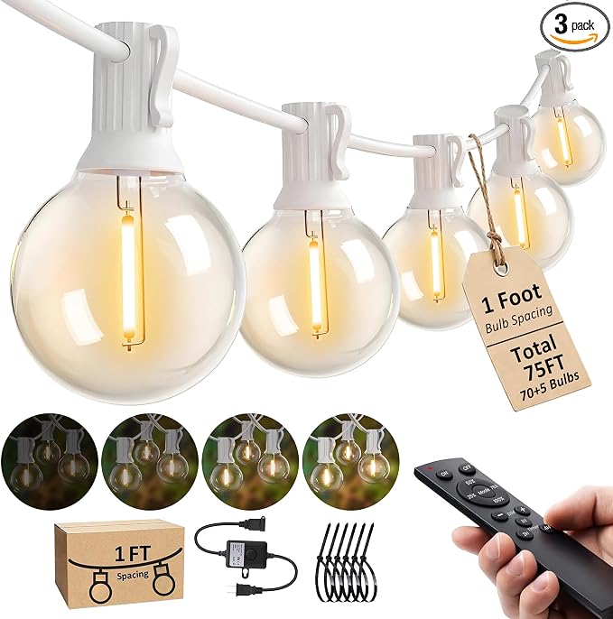 Outdoor-String-Lights with Remote 75FT Waterproof lights for Outside Patio | 1FT Bulbs Spacing,White Cord String Lights, Connectable Dimmable Patio Lights with Remote,Timer, 3 Modes for Backyard, Bistro