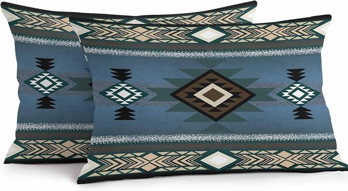 Vandarllin Outdoor Throw Pillows Covers 20x12 inch Set of 2 Waterproof Blue Tribal Style Decorative Zippered Cushion Covers for Patio Furniture, Southwest Native American Lumbar Pillowcases