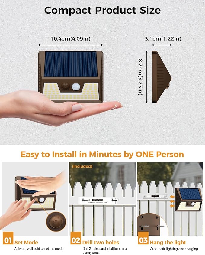 vighep 12 Pack Solar Motion Lights for Outside, Waterproof Fence Lights Outdoor, Warm White LED Wall Lights Wireless for Yard Steps Stairs Garden - Brown