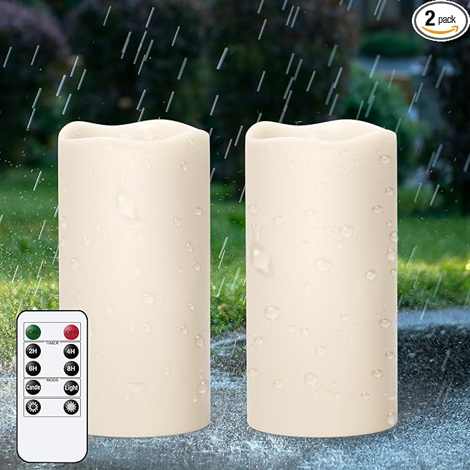 Outdoor Indoor Waterproof Flameless Candles Flickering with Remote Timer, White LED Pillar Candles Battery Operated Pack of 2, Long Lasting Electric Candles Lanterns Cream Φ 4" H 8” 8”