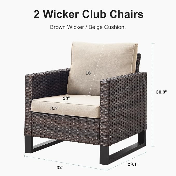 Belord Oversize Patio Chairs Set of 2 Outdoor Wicker Dining Chairs, All-Weather Rattan Patio Club Chair Furniture Sets with Water-Resistant Cushion Anti-Rust Frame Brown