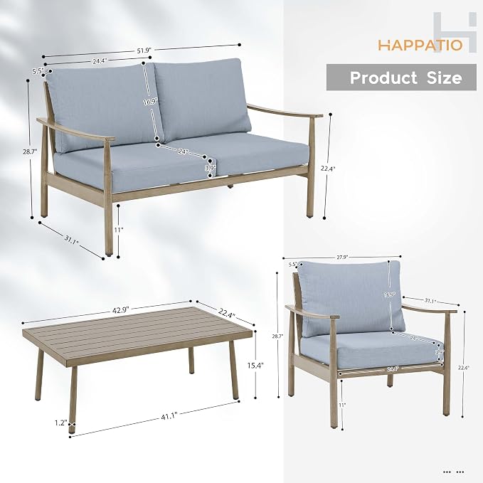 HAPPATIO Patio Outdoor Furniture Set - 4 Piece Aluminum Patio Conversation Set with 1 Coffee Table, 2 Armchairs and 1 Loveseat, Aluminum Outdoor Furniture Set for Backyard Deck Poolside (Brown)