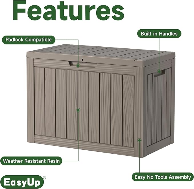 EasyUp 55 Gallon Deck Boxes Outdoor Waterproof, Resin Outside Storage Box for Patio Cushion Furniture Pool Accessories Garden Tools Indoor Outdoor Storage Bench (55 Gallon, Gray)