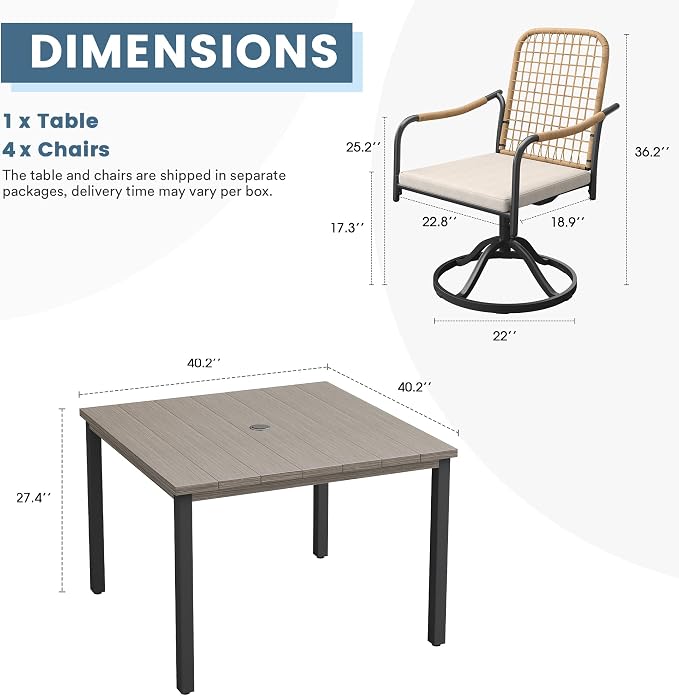 DIFY 5 Pieces Outdoor Dining Set, Metal Patio Table and Chairs Set for 4, 40.2" Square Dining Table with Umbrella Hole & Wicker Swivel Patio Chairs with Cushions, Grey Wood-Like Tabletop