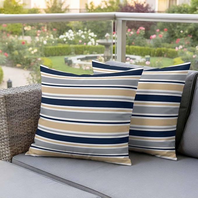 Khaki Grey Striped Outdoor Pillow Cover 20x20 Inch Cushion Sham Case, Navy Blue Farmhouse Stripes Abstract Art Waterproof Decorative Square Throw Pillowcase for Outside Garden Patio Porch Couch Chair