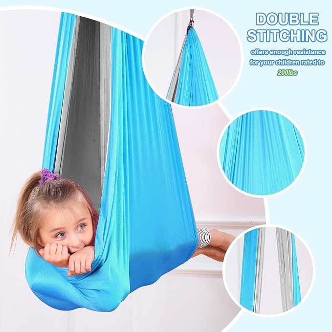 Therapy Swing Hammock Kids Cuddle Sensory Swing Indoor Therapeutic Hammock 360° Rotating Double Layer Elastic Rocking Cloth Swing Gifts for Children with ADHD SPD Asperger Autism (Sky Blue+Grey)