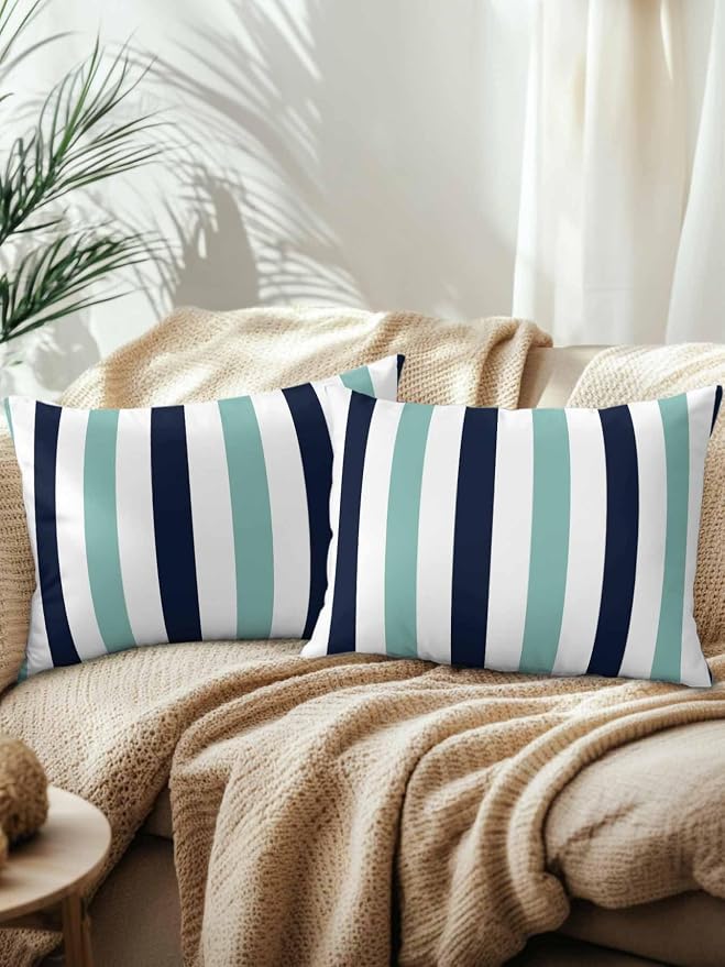Outdoor Pillows Waterproof, Turquoise Navy Blue Striped Bedding Throw Pillows with Insert for Couch Sofa Bed, Farmhouse Stripe Art 12x20 Inch Pillowcases Camping Patio Pillow Set of 2