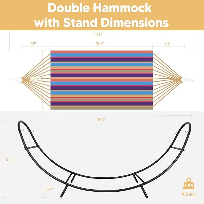 SUNCREAT Hammocks for Outside with Stand, Porch Hammock and Stand, 475 lbs Capacity, Patent Pending, Rainbow