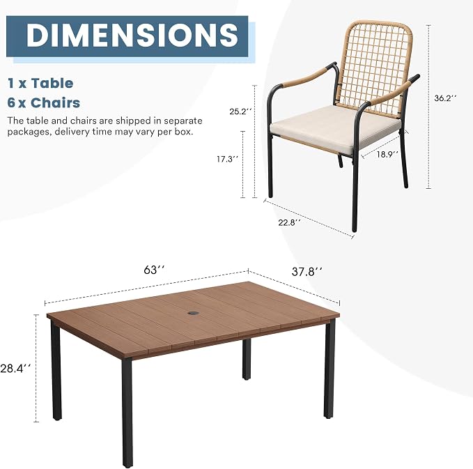 DIFY 7 Pieces Outdoor Dining Set, Metal Patio Table and Chairs Set for 6, 63" Rectangle Dining Table with Umbrella Hole & Wicker Stackable Patio Chairs with Cushions, Walnut Tabletop