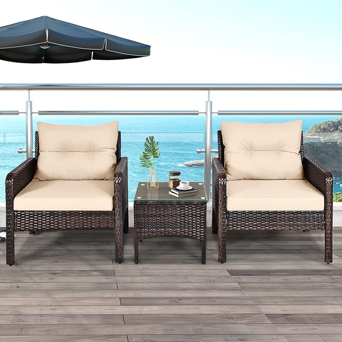 ORALNER 3-Piece Patio Conversation Set, All-Weather Wicker Sofa Chair and Coffee Table Set with Thick Cushions, Outdoor Furniture, Rattan Bistro Set for Balcony Deck Porch Poolside Garden (Brown)