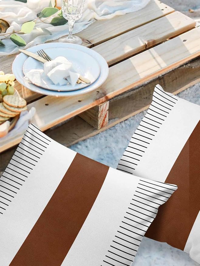 Outdoor Waterproof Throw Pillow Covers Set of 2 Boho Style Pillowcases 18x18 Inches Brown Stripe Lines Bohemian Patio Decorative Pillows Cushion Case Patio Pillows for Couch Bed Chair Garden