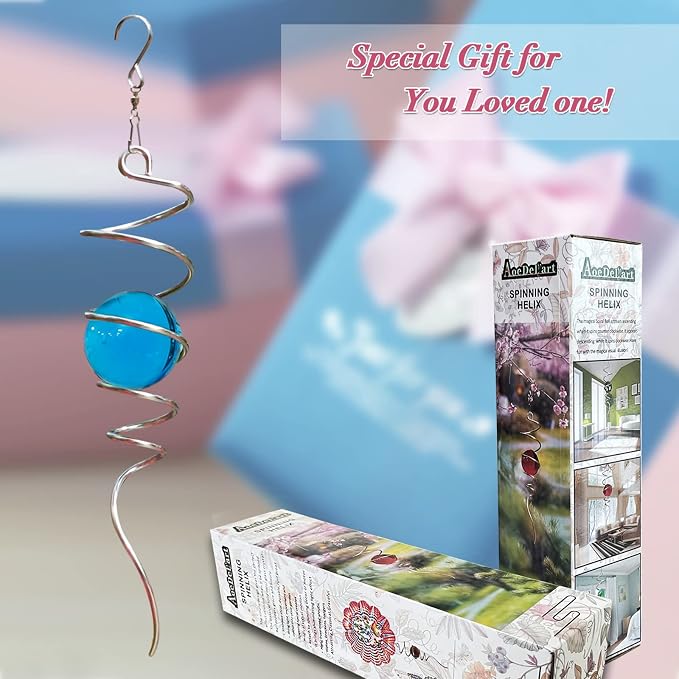 Aoedelyart Gazing Ball Spiral Decorative Wind Spinner Tail with Blue Glass Orb,Wind Spinner Spiral Stabilizer,Hanging Visual Illusion in Spinning Yard Art Decor,Indoor Outdoor Garden Decoration-13 in