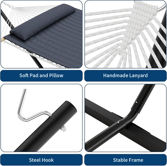 Double Hammock with Stand for 2, Heavy Duty 350 Lb Capacity Portable Rope Hammock for Indoor & Outdoor Use, Includes Padded Mat and Pillow, Tool-Free Easy Assembly, Dark Gray