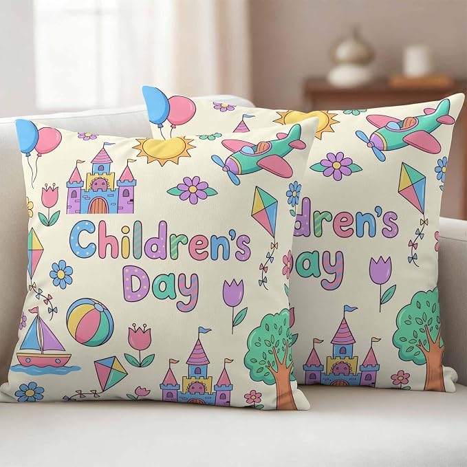 Pack of 2 Children's Day Outdoor Pillow Covers Decorative, Waterproof Pillow Protector, Airplanes Sailing Boats Tree Cartoon Cream Throw Pillowcases Accent Cushion Cases for Patio Couch Sofa 24"x24"