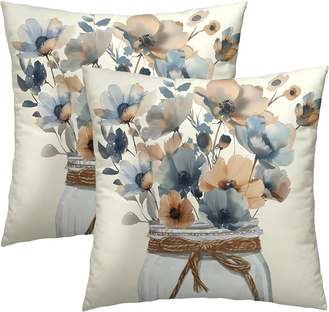 Watercolor Flowers Throw Pillow Covers 18x18 Inch Set of 2 Grey Beige Flower Mason Jar Decorative Pillow Cushion Cases for Sofa Couch Living Room Housewarming Party Decor