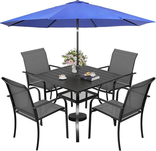 SUNCROWN 6 - Piece Outdoor Dining Set, Patio Furniture Set with 4 Textilene Dinning Chairs, 1 Steel Slat Metal Bistro Table and 1 Dark Blue 9Ft Patio Umbrella for Lawn Garden Backyard Deck, Grey