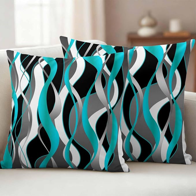 Outdoor Pillow Covers Set of 2, Distortion Blue Stripes Decorative Throw Pillow Covers 16X16IN, Abstract Geometric Art Throw Pillows Protector Cushion Case for Patio,Couch,Sofa,Garden