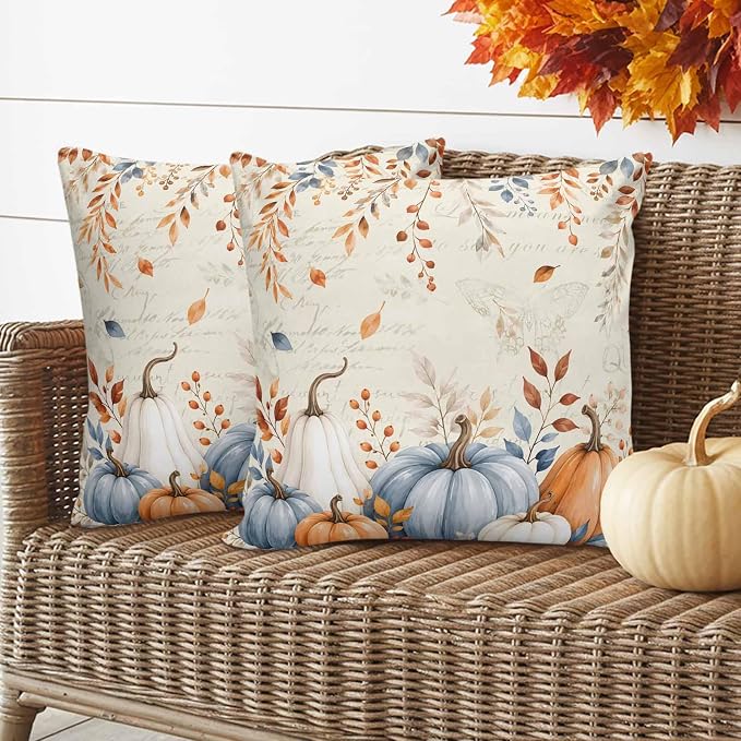 Orange Blue Pumpkins Fall Throw Pillow Covers 20x20 Inch Set of 2, Thanksgiving Waterproof Outdoor Pillow Covers, Eucalyptus Vintage Decorative Cushion Pillowcases for Couch, Sofa, Bed, Garden, Patio