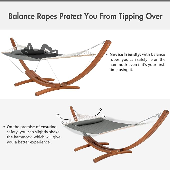 ANOW 13.5FT Curved Wood Stand with Portable Hammock, Heavy Duty Larch Wood Arc Stand with 2 Chains, 4 Balance Ropes and 4 Carabiners, Includes Gray Hammock with Spreader Bars