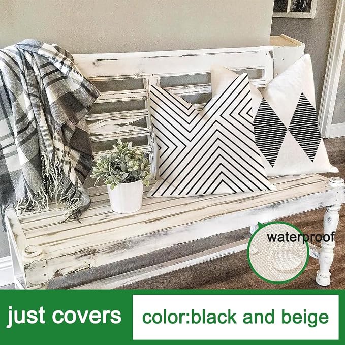 Outdoor Pillows Covers 18x18 Waterproof,Black and Beige Set of 4(No Insert) | for Covered Patio Furniture Couch Sunbrella,No Insert Just Covers,Durable Polyester,Fit 18x18 inch Inserts or Smaller,Boho