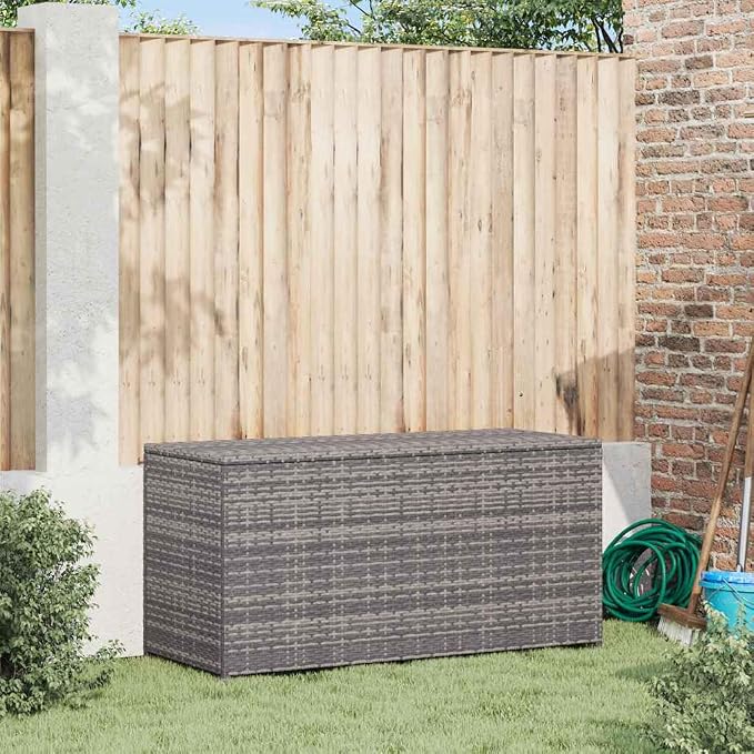 Outdoor Storage Box, Rectangular Poly Rattan Deck Box for Patio and Garden, Large Capacity Organizing Container with Powder-Coated Steel Frame, Grey