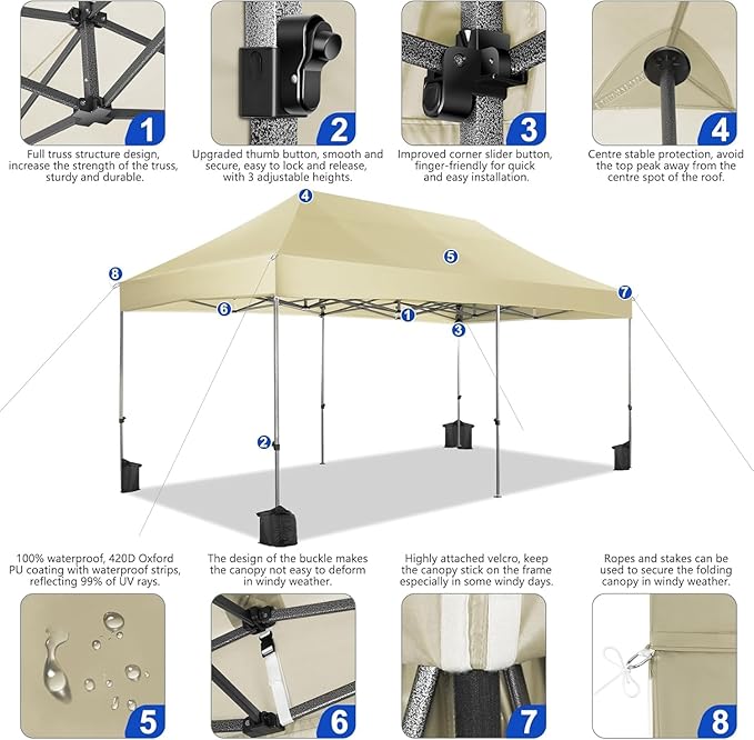 COBIZI 10x20 Pop up Canopy Tent Heavy Duty, Easy Set-up Commercial Outdoor Party Tent, 100% Waterproof Wedding Tents Gazebo, 3 Height Adjustable with Wheeled Bag, Khaki