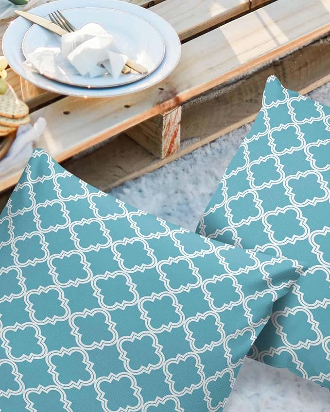 Outdoor Waterproof Pillow Covers for Patio Furniture Moroccan Pattern Decorative Throw Pillow Cover Blue Geometric Trellis Pillowcases Set of 2 Cushion Case for Sofa Couch Chair Home Decor 16x16 inch