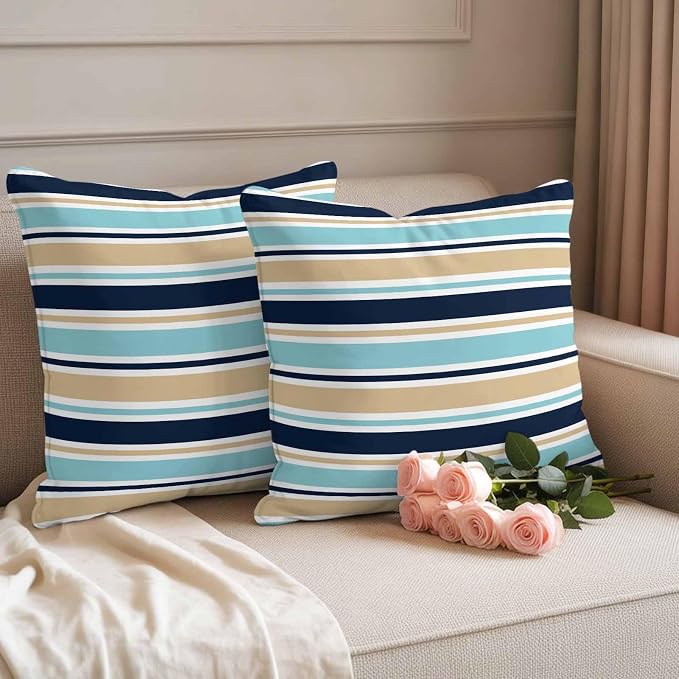 Khaki Striped Outdoor Pillow Cover 24x24 Inch Cushion Sham Case, Navy Blue Farmhouse Stripes Modern Abstract Art Waterproof Decorative Square Throw Pillowcase for Outside Garden Patio Porch Couch